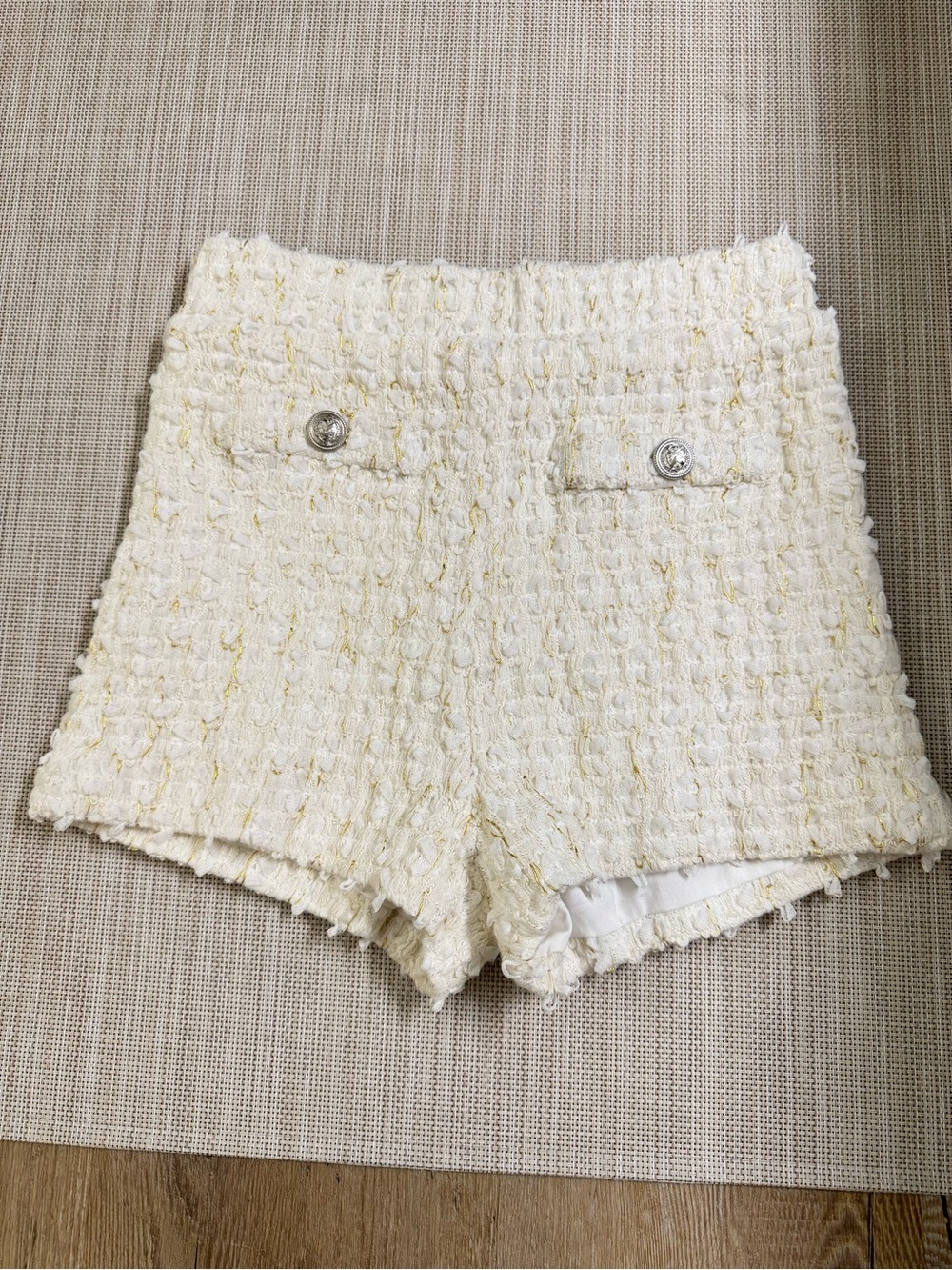 Urban Outfitters Cream Tweed High-Waist Shorts with Button Detail